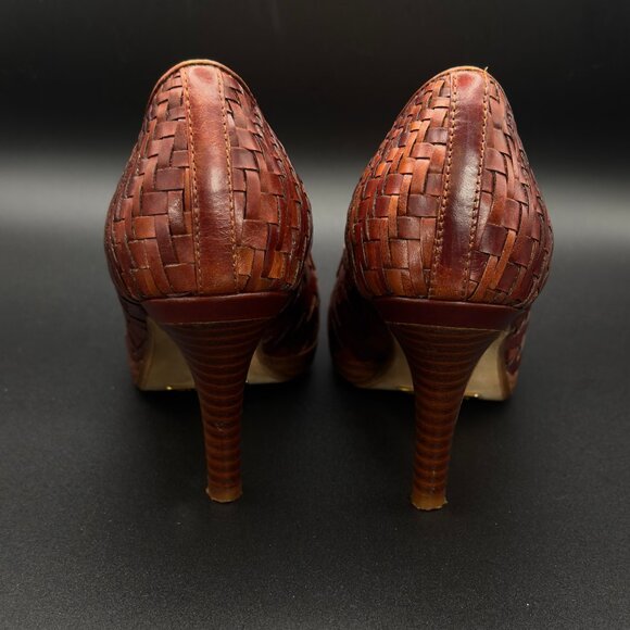 Cole Haan Genevieve Woven Leather Peep-Toe Pumps, Cognac Brown, Nike Air, US 5B - Picture 3 of 11